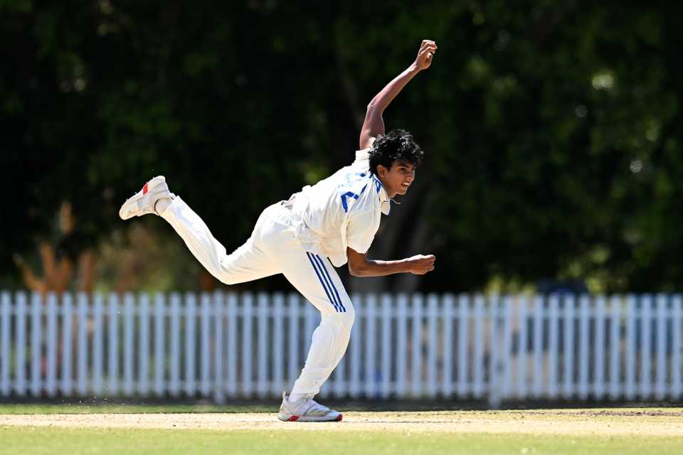 RS Ambrish operated with the new ball for India A, Australia Under-19 vs India Under-19, 1st Youth Test, Brisbane, September 30, 2025