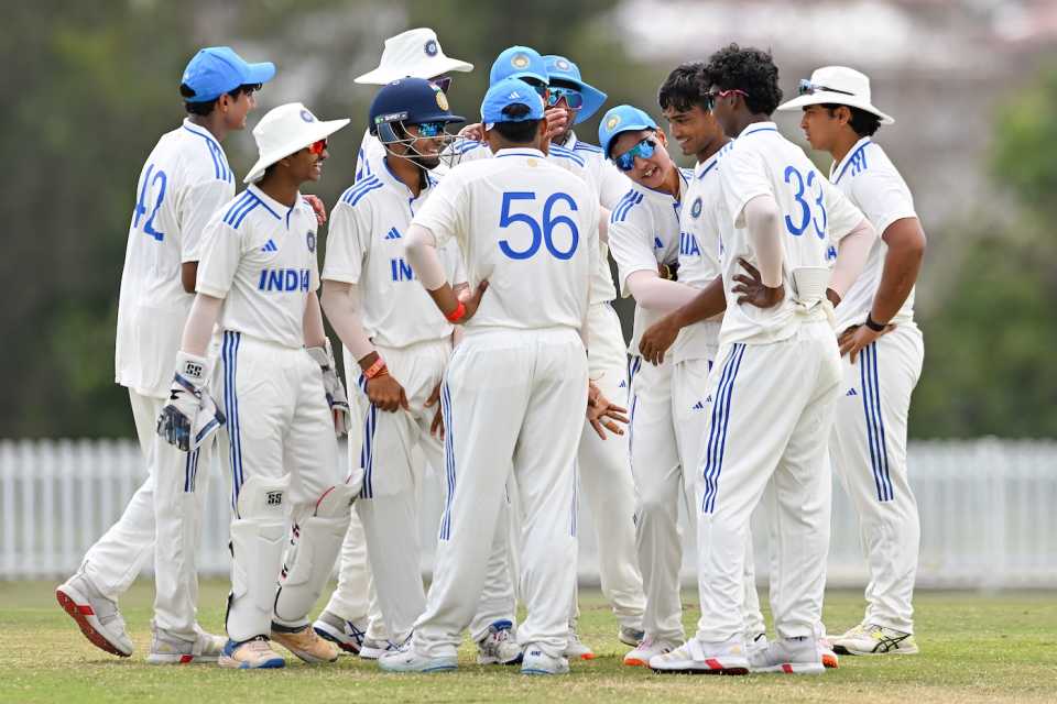 Kishan Kumar celebrates a wicket with his team-mates, Australia Under-19 vs India Under-19, 1st Youth Test, 1st day, Brisbane, September 30, 2025