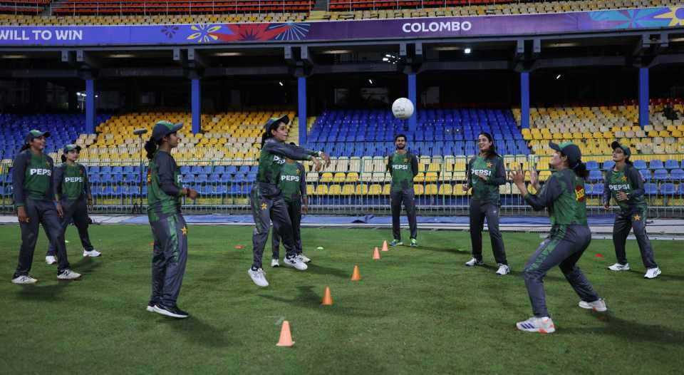 The Pakistan players warm up ahead of their opening match, Colombo, October 1, 2025