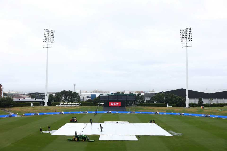 The Bay Oval pitch is under covers after persistent rain, New Zealand vs Australia, 2nd T20I, Mount Maunganui, October 3, 2025