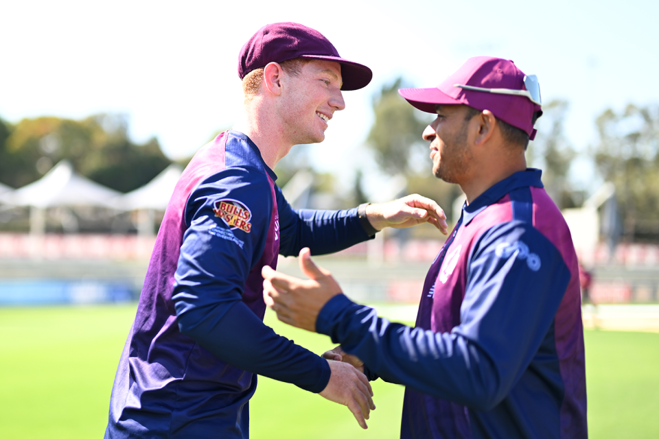 Hugh Weibgen is congratulated on his first-class debut by Usman Khawaja, Queensland vs Tasmania, Sheffield Shield, Allan Border Field, October 4, 2025
