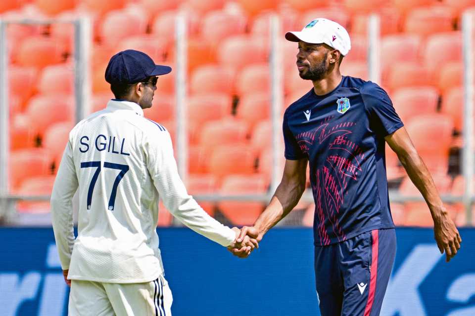 Captains Shubman Gill and Roston Chase shake hands at the end of the match, India vs West Indies, 1st Test, day 3, Ahmedabad, October 4, 2025