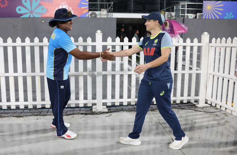 Captains Chamari Athapaththu and Alyssa Healy shake hands after the washout, Australia vs Sri Lanka, Women's World Cup 2025, Colombo, October 4, 2025