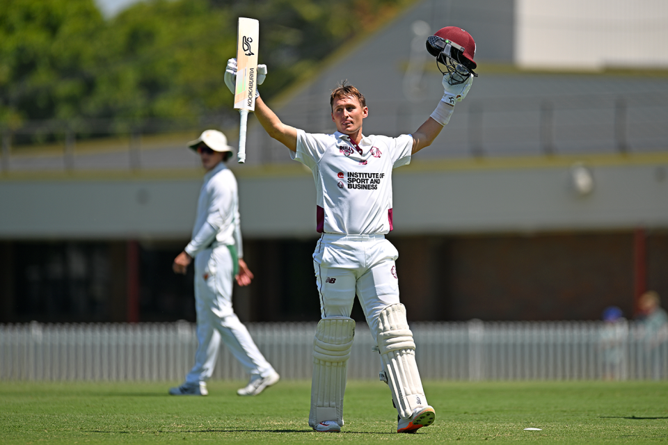 Marnus Labuschagne brought up a century in his first Shield innings of the season, Queensland vs Tasmania, Sheffield Shield, Allan Border Field, October 6, 2025