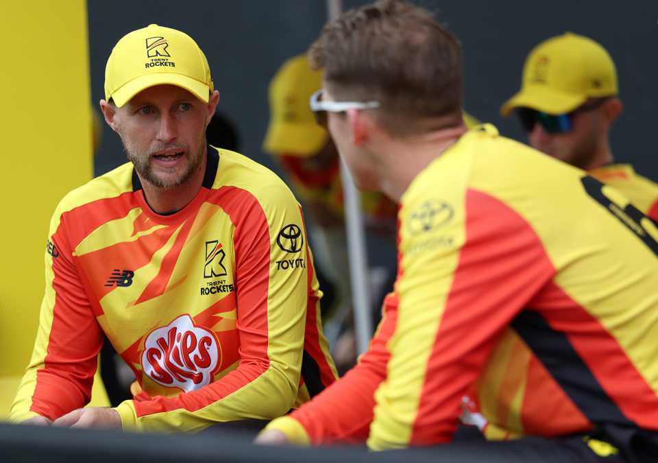 Joe Root chats to team-mates in the dugout, Trent Rockets vs Southern Brave, Trent Bridge, Men's Hundred, August 16, 2025