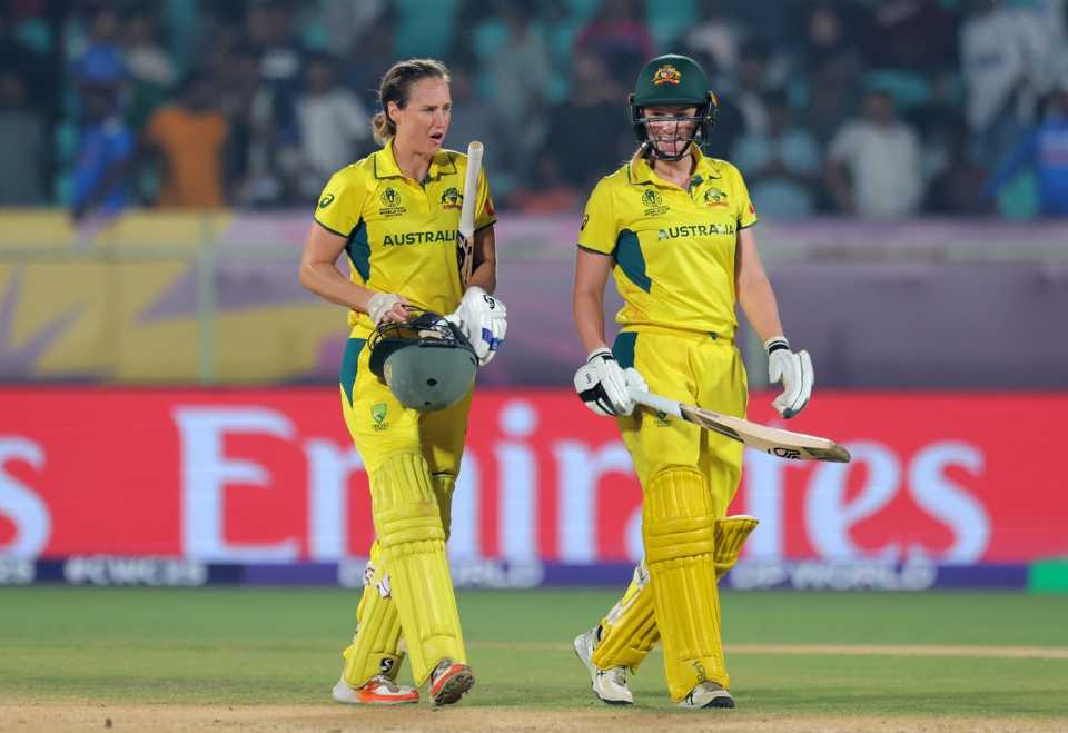 Ellyse Perry and Kim Garth walk off after Australia sealed the highest chase in women's ODI history, India vs Australia, Women's ODI World Cup, Visakhapatnam, October 12, 2025