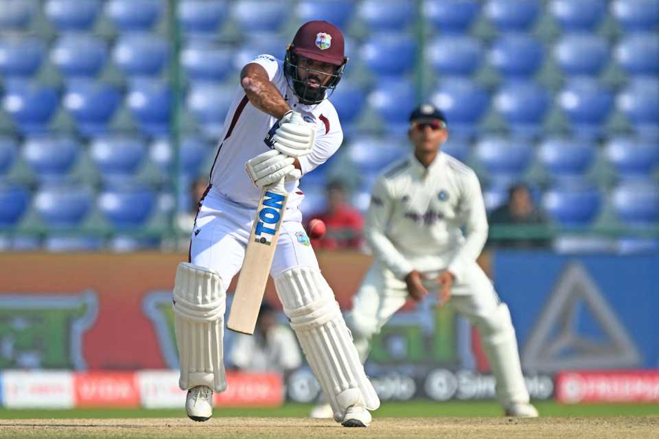 Is John Campbell playing the ball leg side or off side? India vs West Indies, 2nd Test, Delhi, 4th Day, October 13, 2025