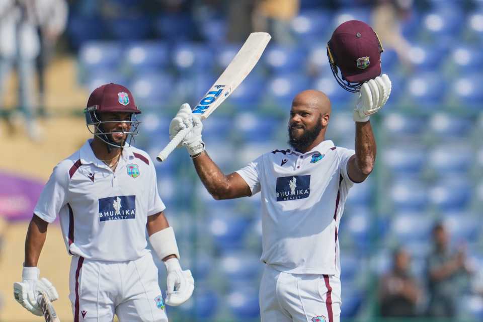 John Campbell beams and Shai Hope revels as the former brings up the first Test ton by a West Indies player in 2025, 2nd Test, Delhi, 4th Day, October 13, 2025