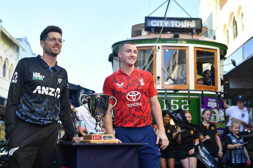 Mitchell Santner and Harry Brook pose with the series trophy, Christchurch, October 15, 2025 