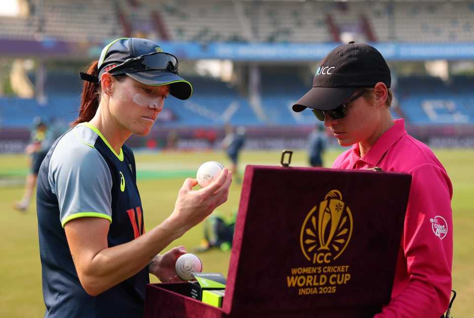 Megan Schutt picks the ball out of a set, Australia vs Bangladesh, Women's World Cup, Visakhapatnam, October 16, 2025