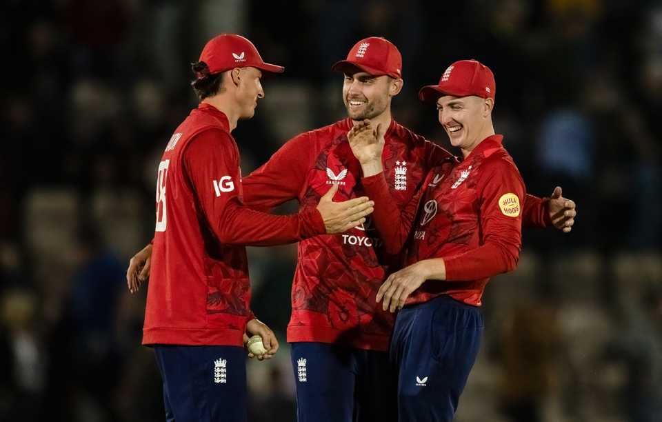 Tom Banton, Harry Brook and Will Jacks celebrate together, England vs West Indies, 3rd T20I, Southampton, June 10, 2025