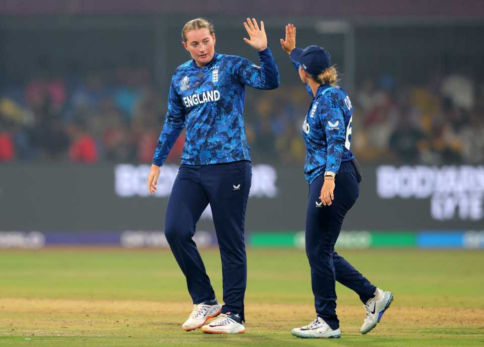 Sophie Ecclestone celebrates after getting rid of Deepti Sharma, India vs England, Women's ODI World Cup, Indore, October 19, 2025
