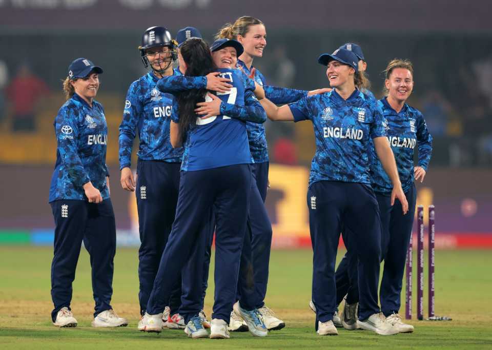 England celebrate after qualifying for the semi-final with a four-run win against India, India vs England, Women's ODI World Cup, Indore, October 19, 2025