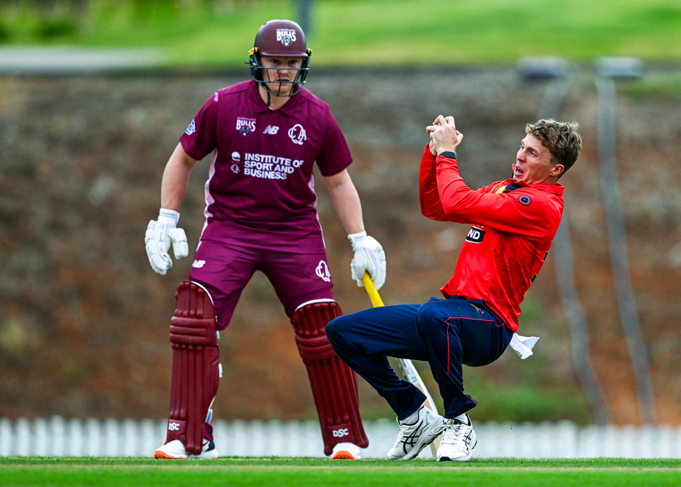Nathan McSweeney holds a return catch, South Australia vs Queensland, One-Day Cup, Karen Rolton Oval, October 20, 2025