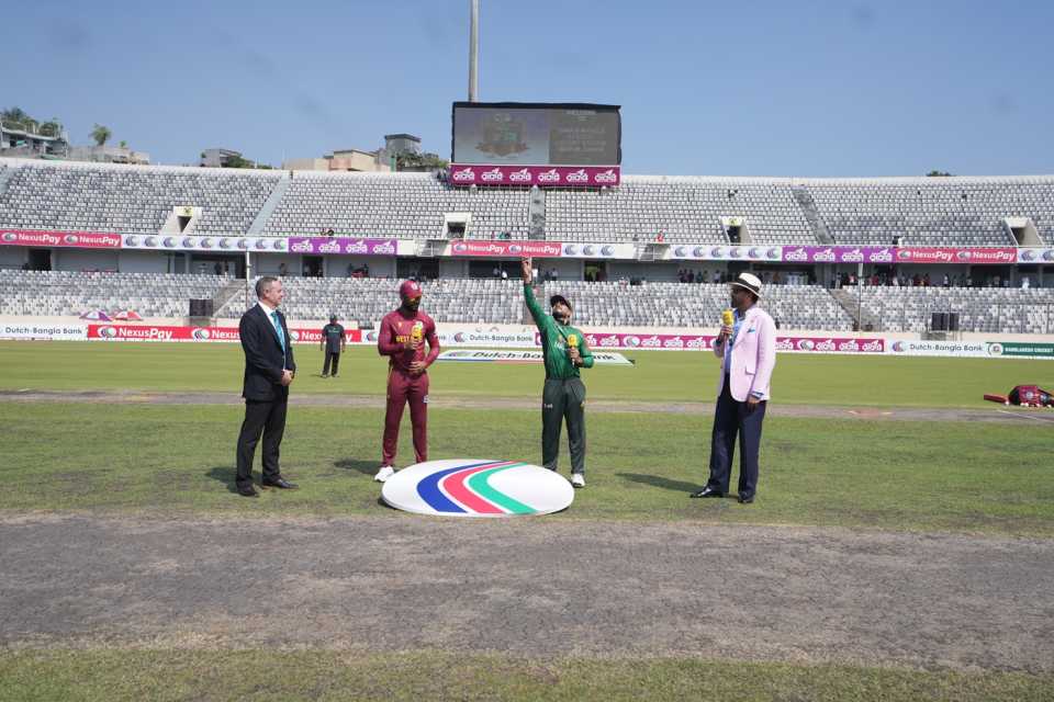 Shai Hope and Mehidy Hasan Miraz at the toss, Bangladesh vs West Indies, 2nd ODI, Mirpur, October 21, 2025