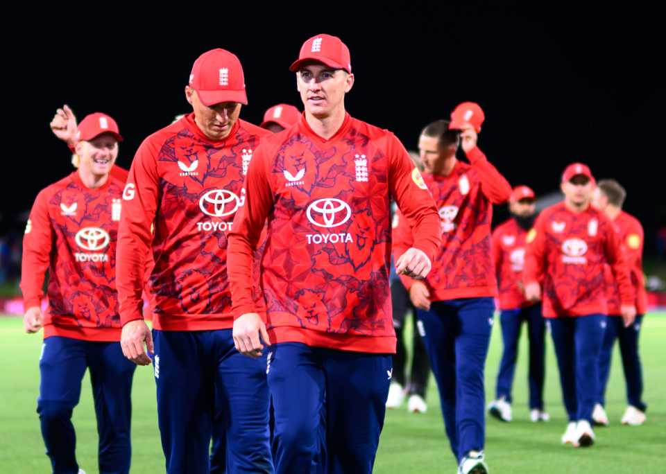 Harry Brook leads his team from the field after victory in the second T20I, New Zealand vs England, 2nd Men's T20I, Hagley Oval, Christchurch, October 20, 2025