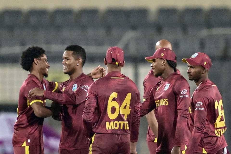 Akeal Hosein (second from left) won the game in the Super Over, Bangladesh vs West Indies, 2nd ODI, Mirpur, October 21, 2025