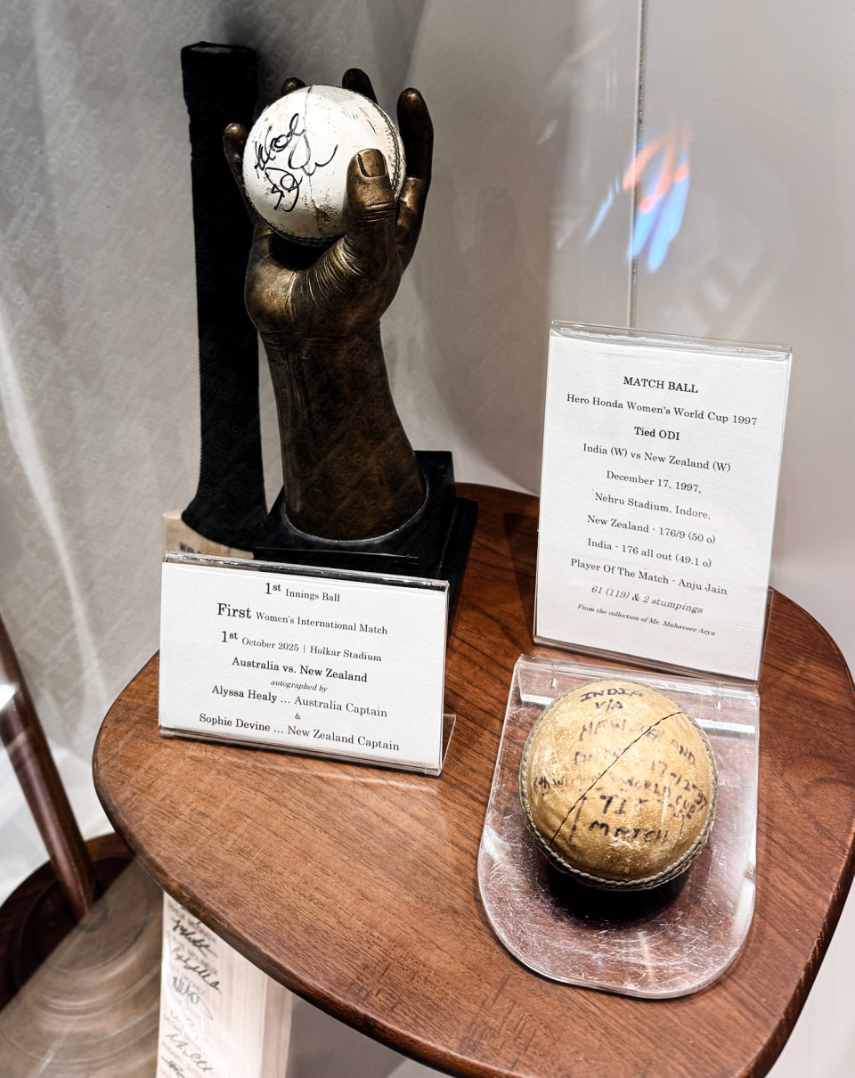 The balls from the first women's international match played at the Holkar Stadium, 2025, and the tied World Cup game at the Nehru Stadium, 1997, displayed at the museum in Holkar Stadium, Indore, October 22, 2025