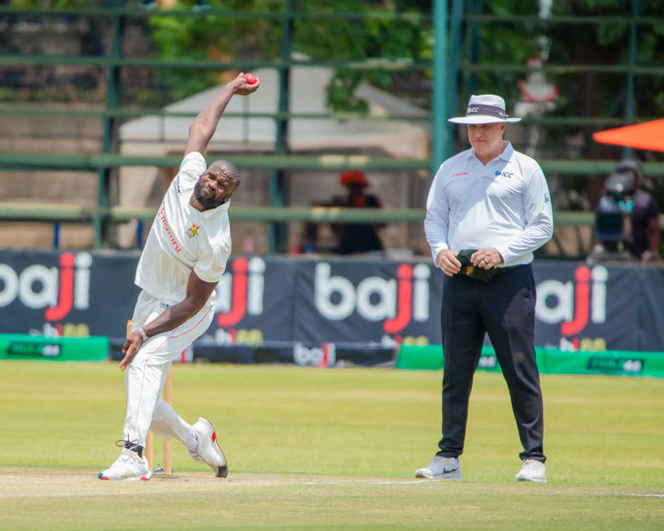 Tanaka Chivanga runs in to bowl a delivery, Zimbabwe vs Afghanistan, one-off Test, Harare, 3rd day, October 22, 2025
