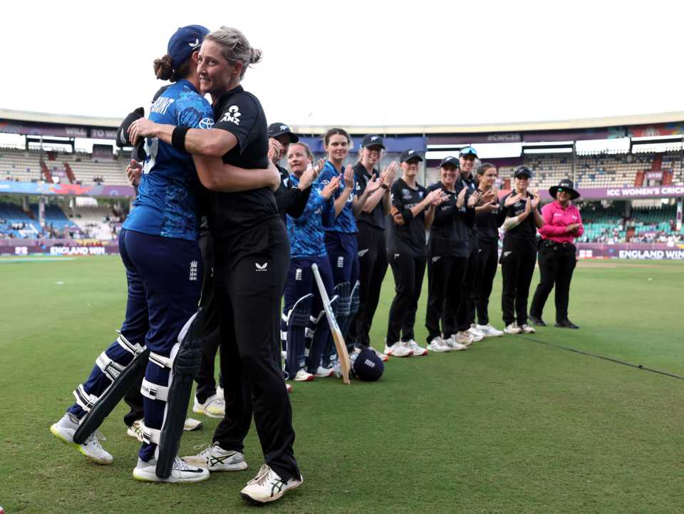 Sophie Devine and Nat Sciver-Brunt embrace at the end of the match, England vs New Zealand, Women's World Cup, Visakhapatnam, October 26, 2025