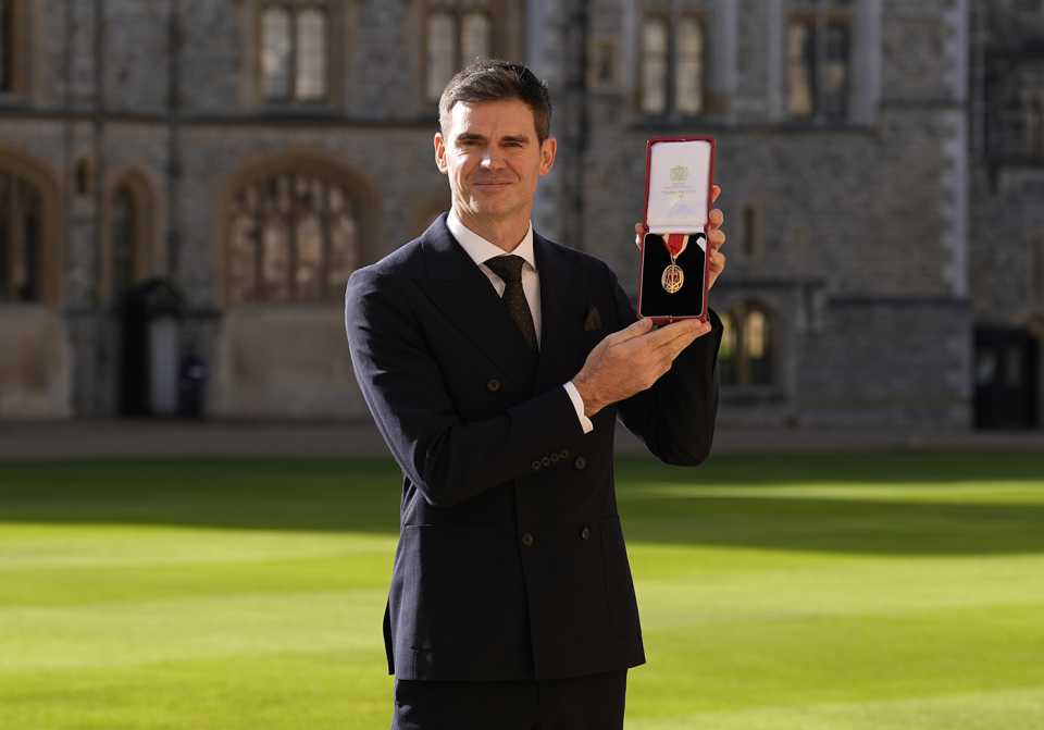 James Anderson after receiving his knighthood from Princess Anne at Windsor Castle, October 28, 2025