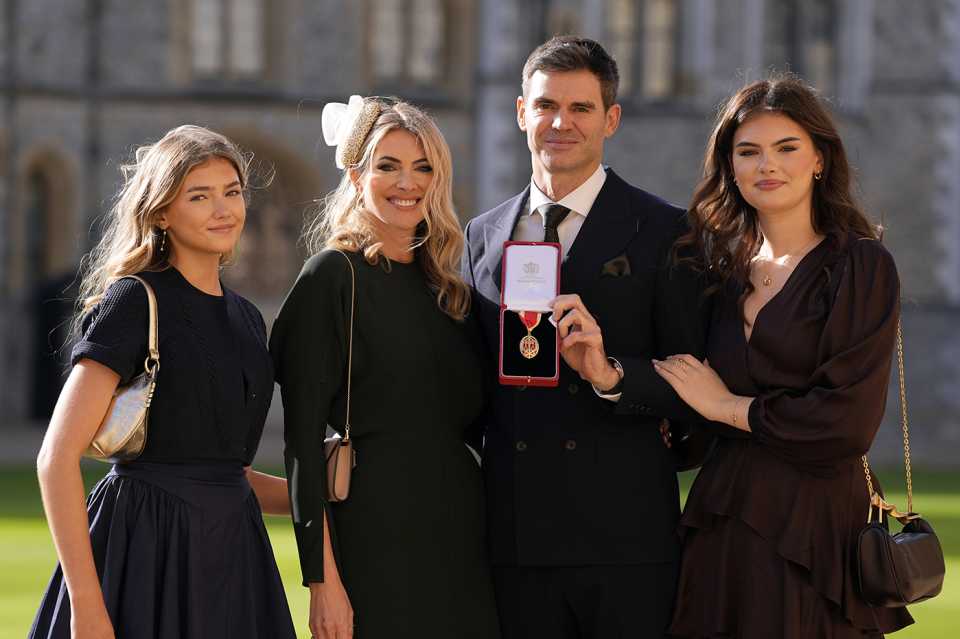 James Anderson with his wife Danielle and daughters Ruby and Lola after being knighted at Windsor Castle, October 28, 2025