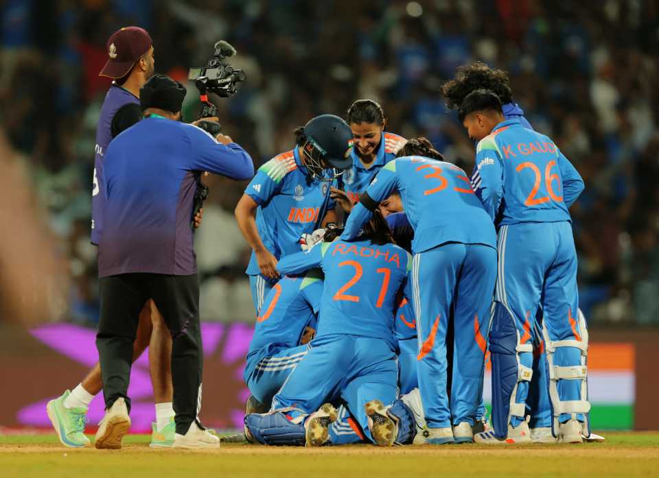 The India team celebrates an all-time great win, India vs Australia, Women's World Cup semi-final, Navi Mumbai, October 30, 2025