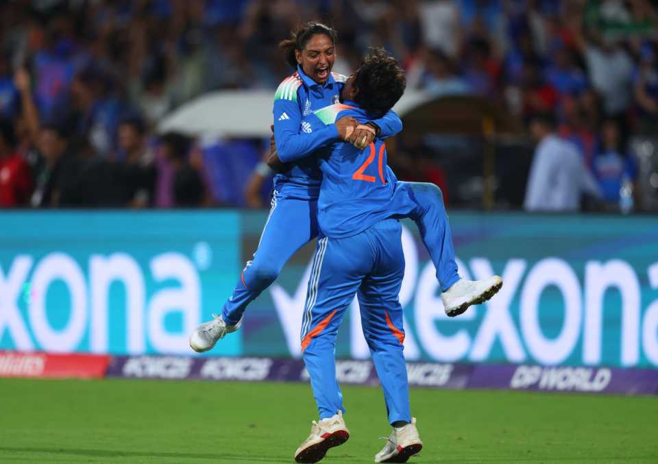 Harmanpreet Kaur and Arundhati Reddy embrace after becoming world champions, India vs South Africa, Women's World Cup final, Navi Mumbai, November 2, 2025 