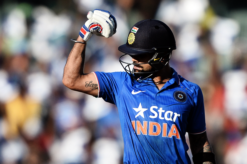 Virat Kohli flexes his bicep, India v South Africa, 4th ODI, Chennai, October 22, 2015