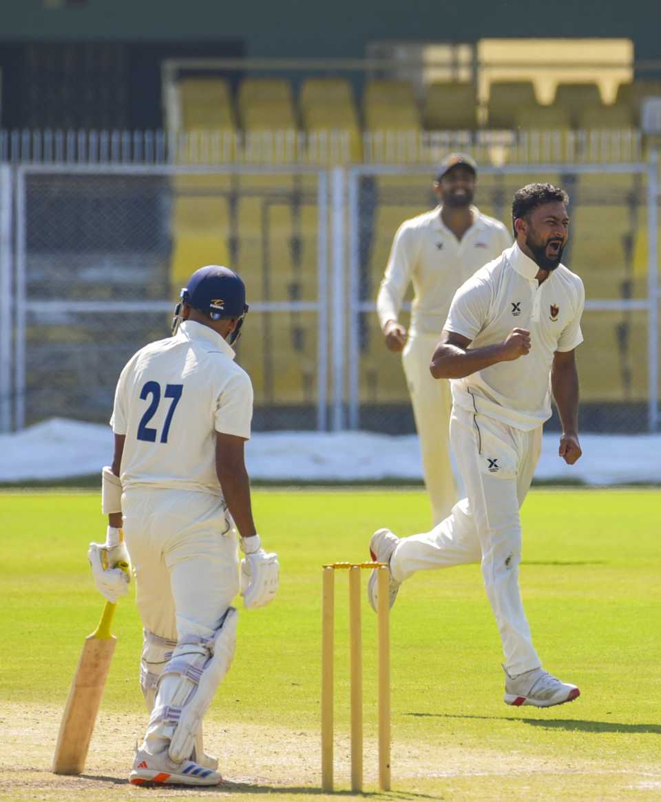 Adarsh Singh celebrates after taking a wicket, Assam vs Railways, Ranji Trophy 2025-26, 4th day, Guwahati, November 4, 2025