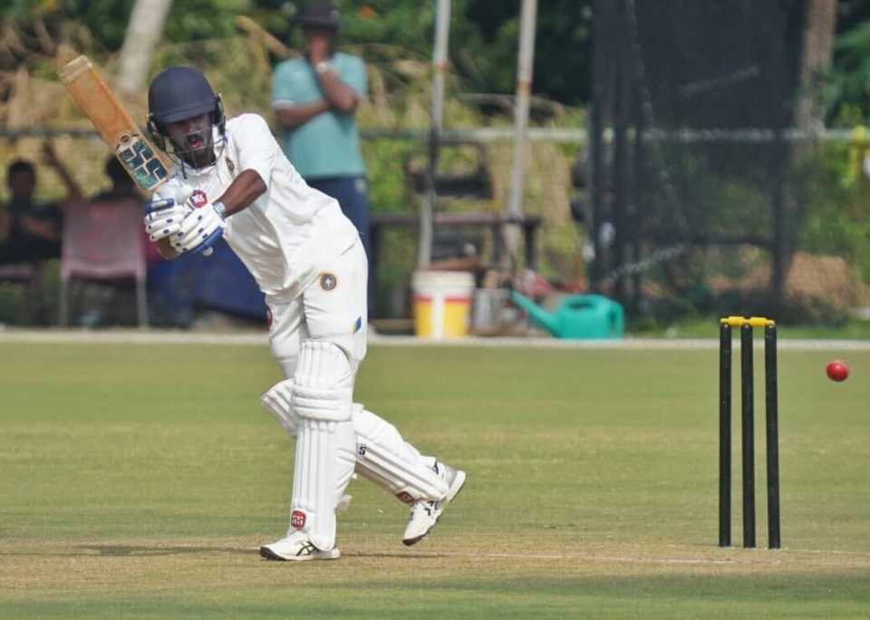 Rohan Kunnummal plays a shot, Kerala vs Saurasthra, Ranji Trophy, 2nd day, Mangalapuram, November 9, 2025
