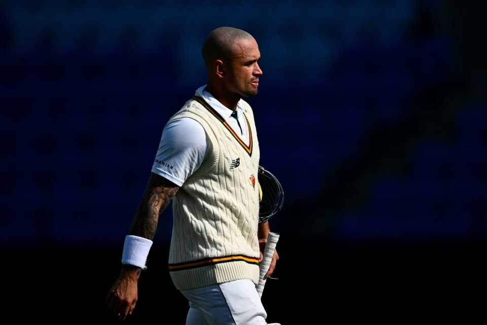 Jake Weatherald walks off after being dismissed, Tasmania vs South Australia, Sheffield Shield, Hobart, November 11, 2025