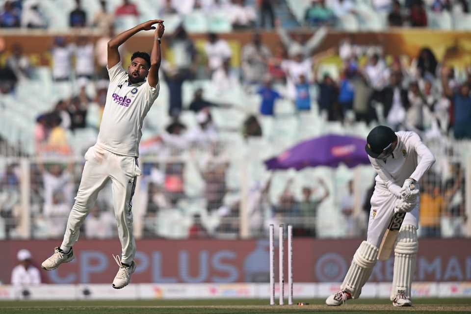 Mohammed Siraj celebrates after cleaning up Marco Jansen, India vs South Africa, 1st Test, Kolkata, 1st day, November 14, 2025