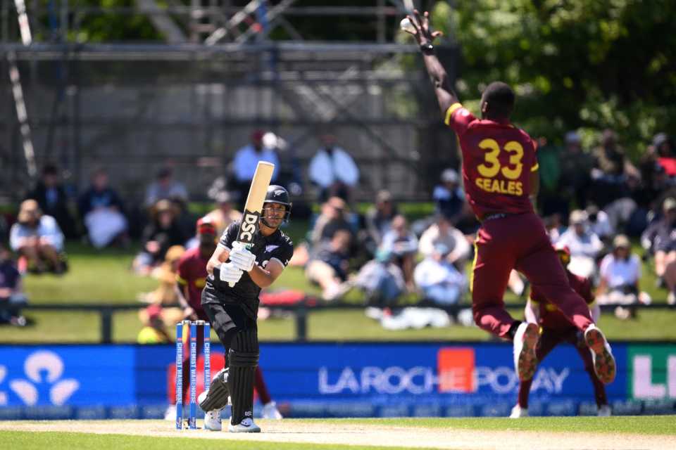 Jayden Seales stops Rachin Ravindra from getting runs, New Zealand vs West Indies, 1st ODI, Christchurch, November 16, 2025