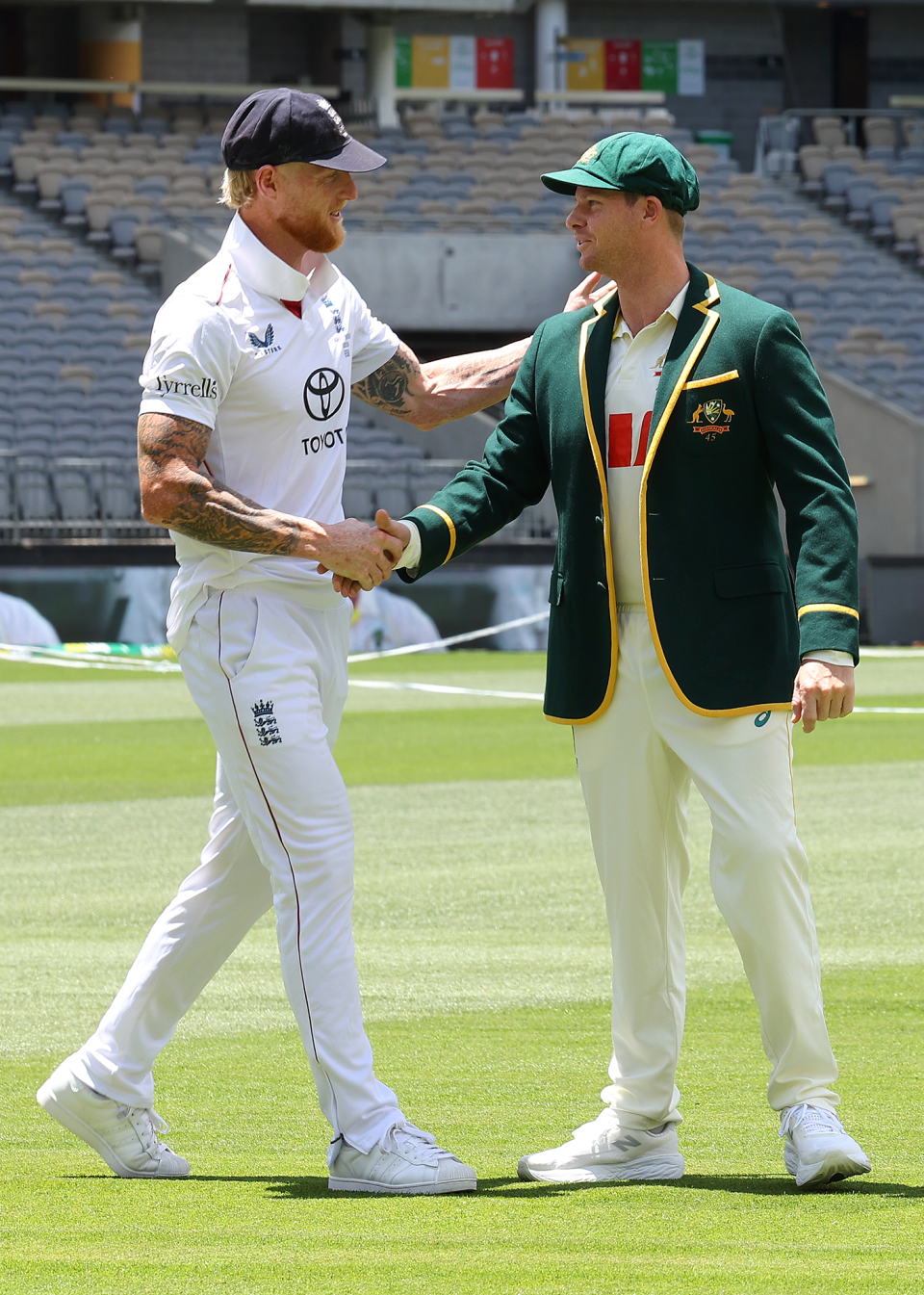 Ben Stokes and Steven Smith shake hands on the eve of the Ashes, Perth Stadium, November 20, 2025