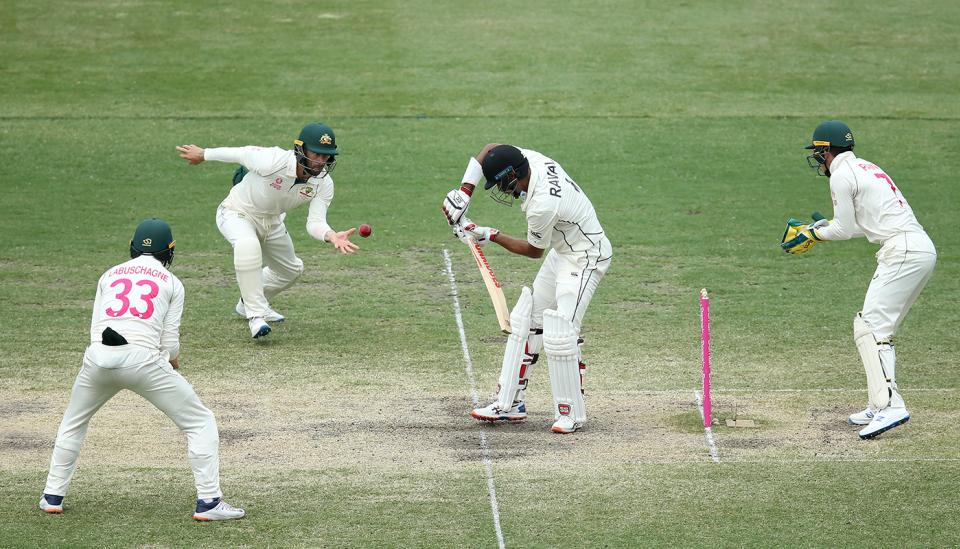 Jeet Raval defends with close-in fielders on the watch, Australia v New Zealand, 3rd Test, Sydney, 4th day, January 6, 2020