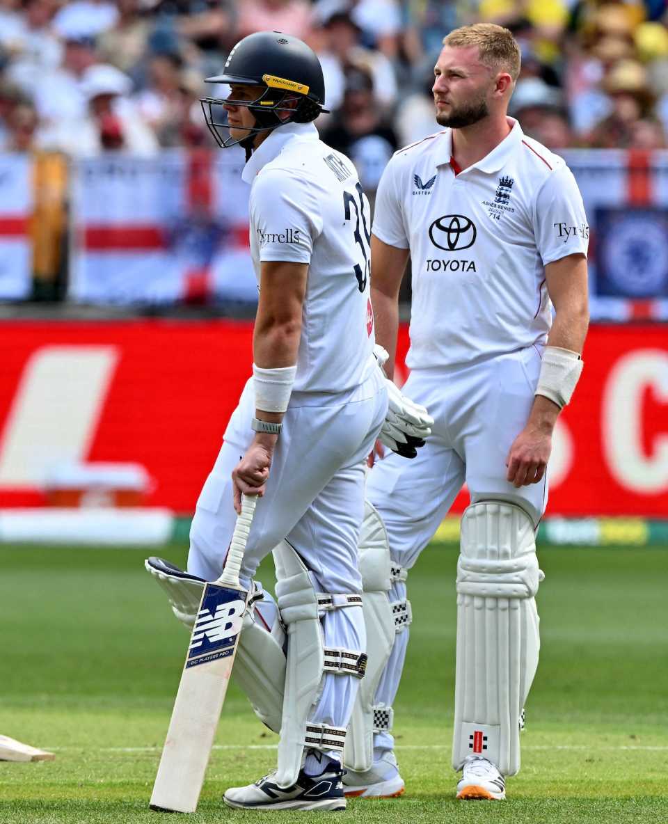 Jamie Smith and his partner Gus Atkinson wait for the third umpire's decision, Australia vs England, 1st Ashes Test, Perth, 2nd day, November 22, 2025