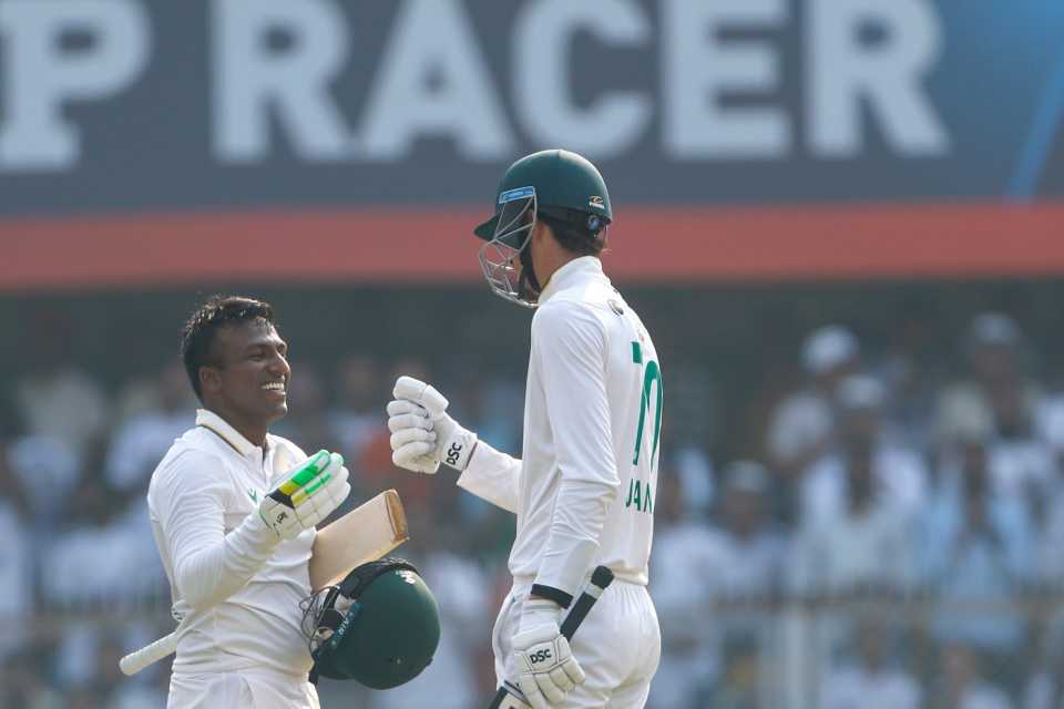 Senuran Muthusamy celebrates with Marco Jansen after getting to his century, India vs South Africa, 2nd Test, Guwahati, 2nd day, November 23, 2025