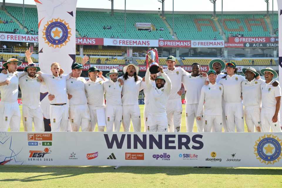 South Africa's players celebrate their 2-0 series win against India, India vs South Africa, 2nd Test, Guwahati, 5th day, November 26, 2025