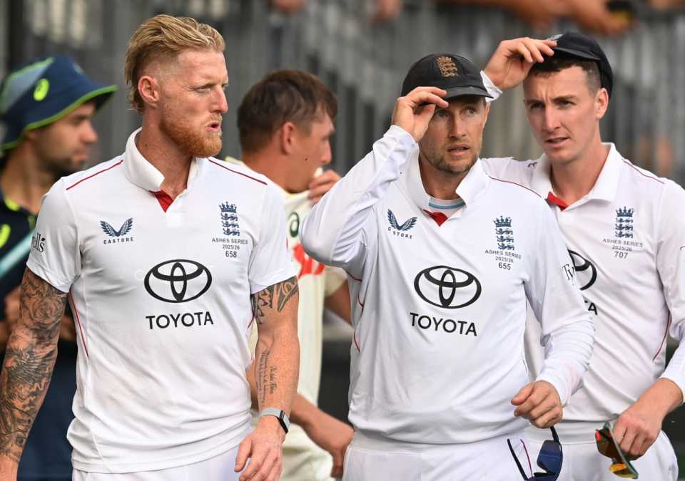 Ben Stokes, Joe Root and Harry Brook look bewildered as they leave the field in Perth, Australia vs England, 1st Test, The Ashes, Perth Stadium, November 22, 2025