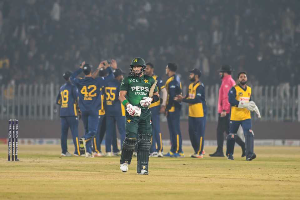 Sahibzada Farhan walks back after being dismissed by Dushmantha Chameera, Pakistan vs Sri Lanka, 6th match, T20I tri-series, Rawalpindi, November 27, 2025