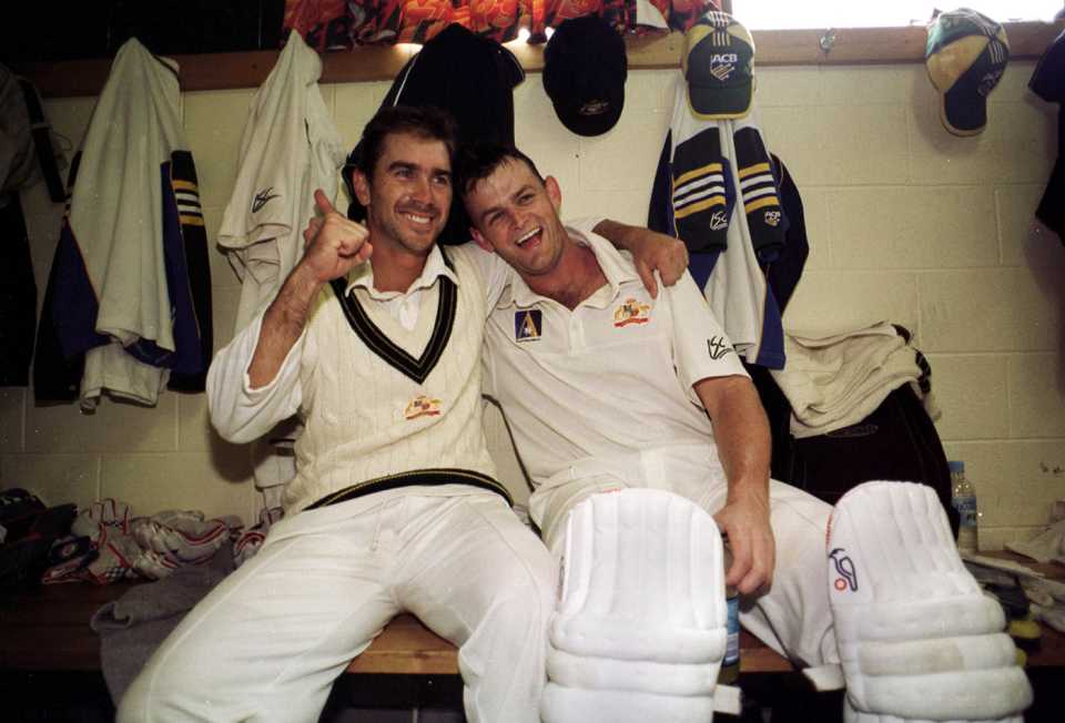 22 Nov 1999: Australian batsman Justin Langer and Adam Gilchrist are jubilant after securing victory for Australia on day five of the Second test between Australia and Pakistan at Bellerive Oval, Hobart, Australia. Gilchrist and Langer earlier shared a partnership of 238 runs as Australia snatched victory by four wickets. Gilchrist finished not out on 149 runs. Langer was named man of the match.