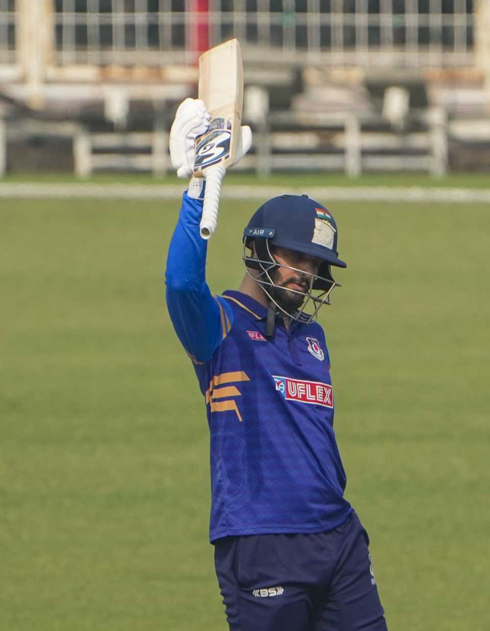 Sameer Rizvi raises his bat after reaching a half-century, Chandigarh vs Uttar Pradesh, SMAT 2025-26, Kolkata, December 4, 2024