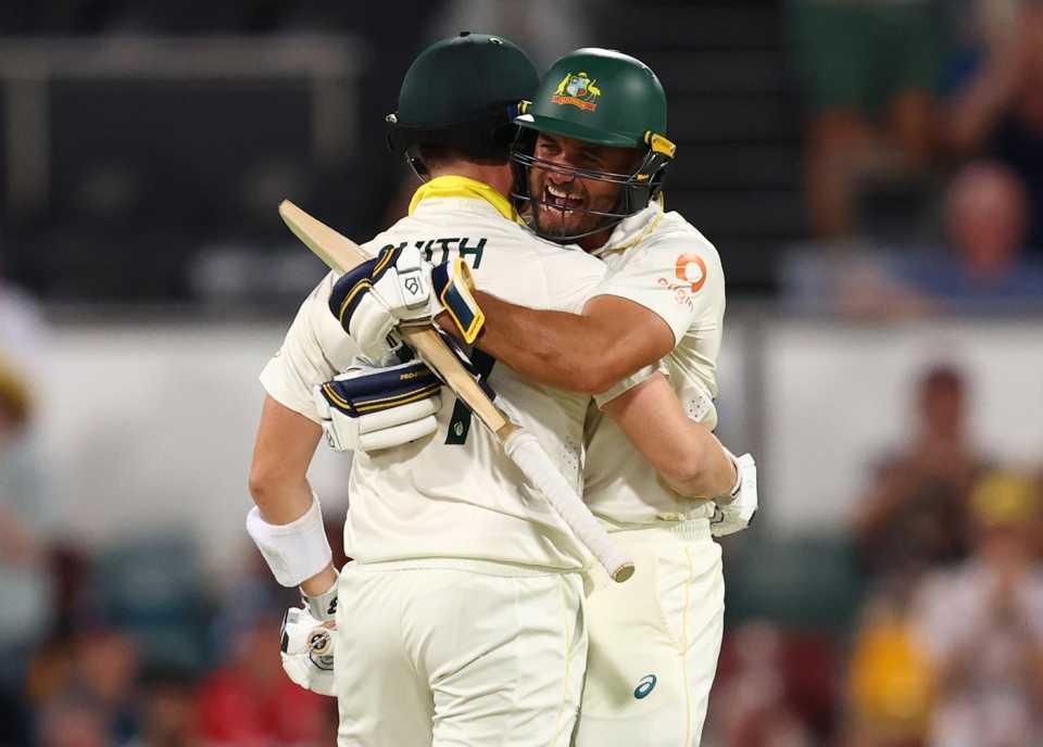 Jake Weatherald embraces Steven Smith after Australia's win, Australia vs England, 2nd Test, Brisbane, 4th day, December 7, 2025