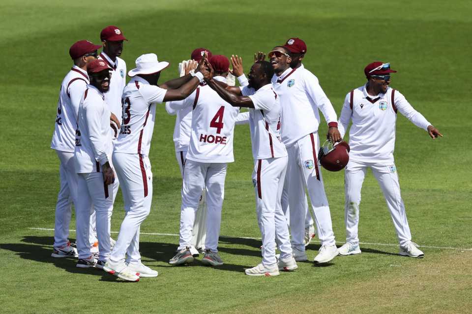 The West Indies players celebrate the wicket of Daryl Mitchell, New Zealand vs West Indies, 2nd Test, Wellington, 2nd day, December 11, 2025