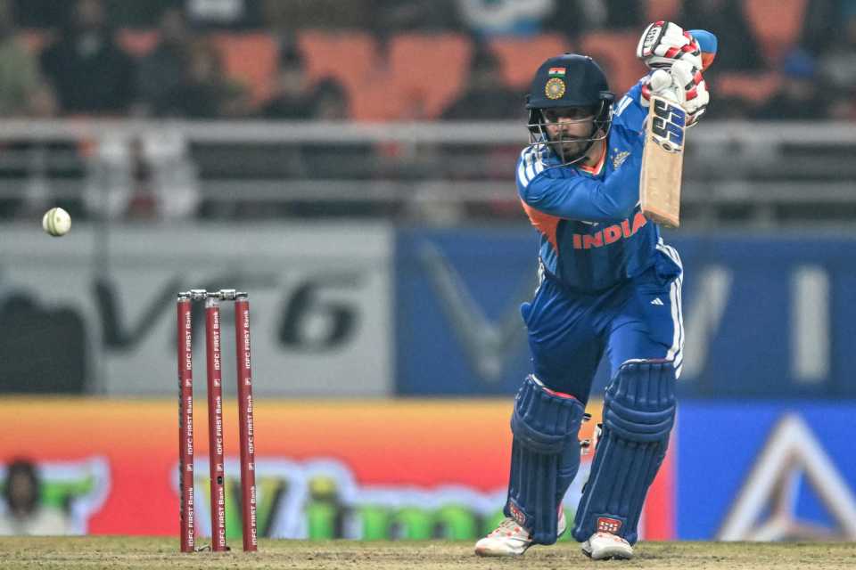 Jitesh Sharma plays a shot during his cameo, India vs South Africa, 2nd T20I, New Chandigarh, December 11, 2025
