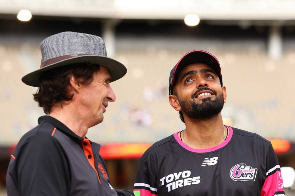 Brad Hogg in conversation with Babar Azam, Perth Scorchers vs Sydney Sixers, BBL 2025-26, Perth, December 14, 2025
