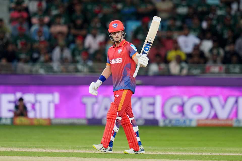 Leus du Plooy celebrates his fifty, Dubai Capitals vs Desert Vipers, ILT20 2025-26, Dubai, December 14, 2025