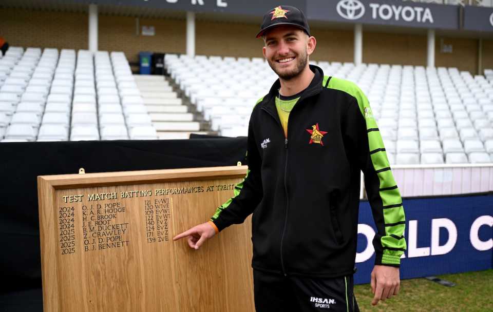 Brian Bennett points to the honours board at Trent Bridge after notching a century, England vs Zimbabwe, Trent Bridge, 3rd day, May 24, 2025