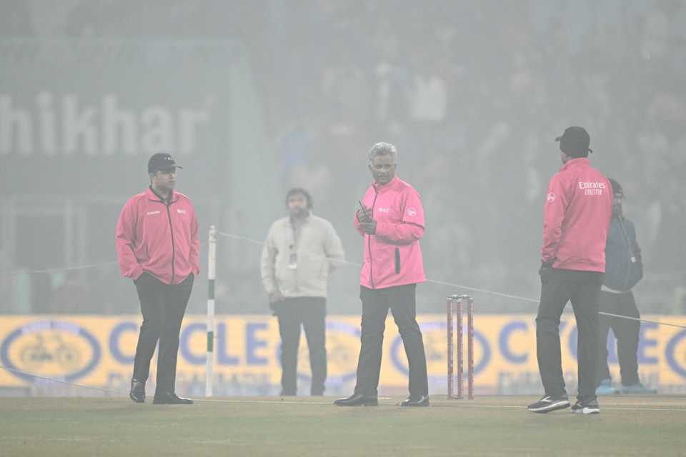 Umpires inspect visibility and ground conditions in Lucknow, India vs South Africa, 4th T20I, Lucknow, December 17, 2025